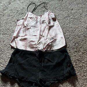 VS Pink Satin Cami and Black Ruffle Shorts Set